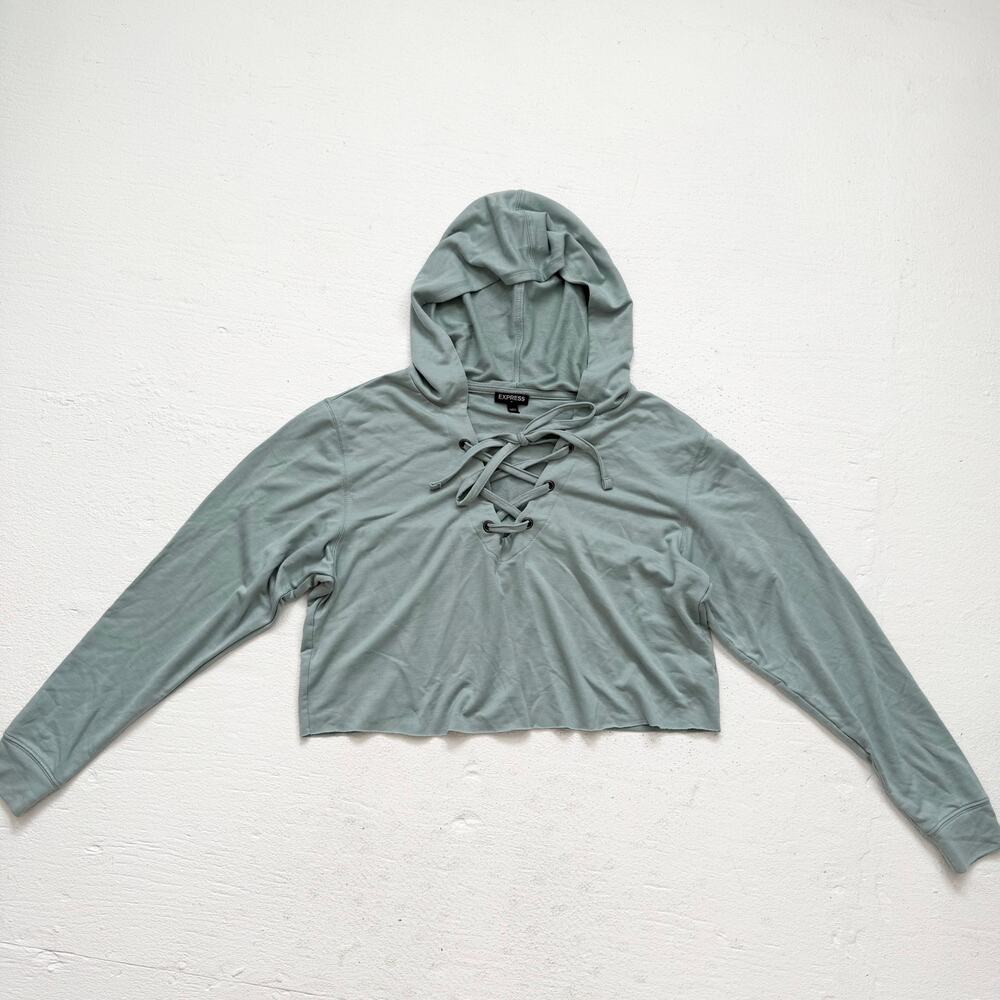 Express Teal Cropped Oversized Hoodie XS Lace Up Lightweight Stretch